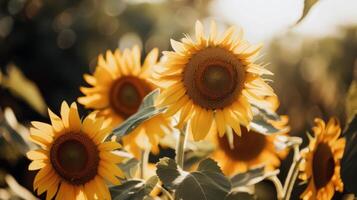 campo di girasoli ondeggiante delicatamente nel il brezza, loro luminosa giallo petali trasformato in direzione il sole foto