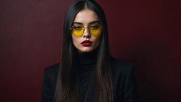 studio tiro di giovane donna con lungo dritto buio capelli indossare bicchieri con unico giallo colorato lenti a contatto foto