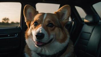 giocoso corgi seduta comodamente nel il sedile posteriore di un' brillante nero auto foto