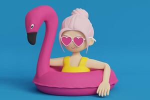 cartone animato carino femmina personaggio nel il cuore sagomato bicchieri nuoto su gonfiabile rosa fenicottero 3d reso illustrazione su il blu sfondo foto