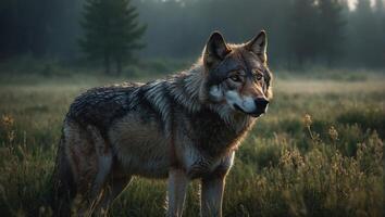 grigio lupo nel il nebbioso campo con il foresta su il sfondo foto