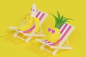 cartone animato carino ananas nel il cuore sagomato bicchieri e Banana frutta personaggi nel il lettino a il spiaggia assunzione prendere il sole 3d reso illustrazione su il giallo sfondo foto