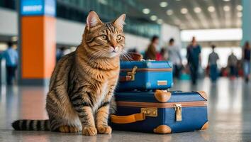 carino gatto, valigia a il aeroporto foto