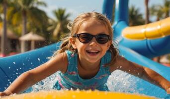 contento poco ragazza su acqua diapositiva nel estate foto