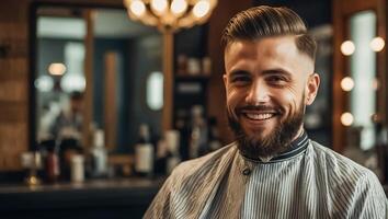 sorridente uomo nel un' barbiere sedia foto