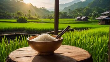 ciotola con riso su il sfondo di un' piantagione foto