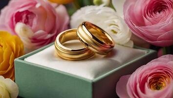 Due oro nozze anelli, fiori foto