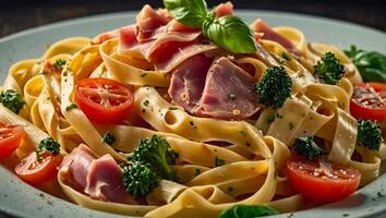 fettuccine con prosciutto e verdure foto