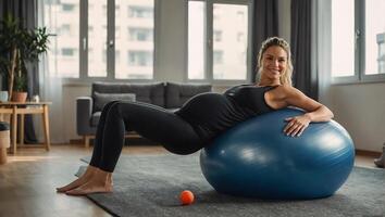 incinta ragazza con fitness palla a casa foto