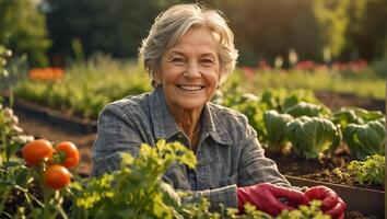 sorridente anziano donna indossare giardinaggio guanti nel il verdura giardino foto