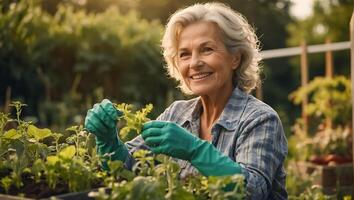 sorridente anziano donna indossare giardinaggio guanti nel il verdura giardino foto