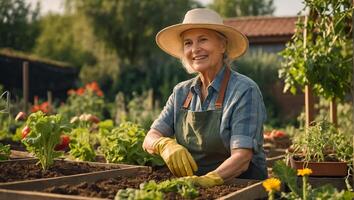 sorridente anziano donna indossare giardinaggio guanti nel il verdura giardino foto