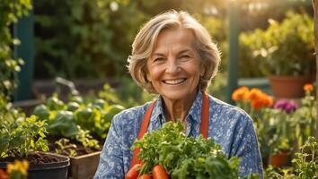 sorridente anziano donna indossare giardinaggio guanti nel il verdura giardino foto