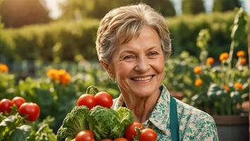 sorridente anziano donna indossare giardinaggio guanti nel il verdura giardino foto