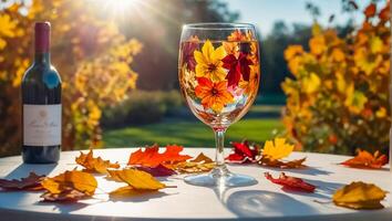 bicchieri con vino, autunno le foglie su il tavolo nel natura foto