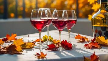 bicchieri con vino, autunno le foglie su il tavolo nel natura foto