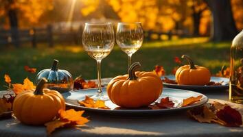 bicchieri di vino, autunno le foglie su il tavolo nel natura, zucche foto