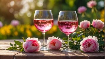 bicchieri con rosa vino, fiori su il tavolo nel natura foto