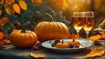 bicchieri di vino, autunno le foglie su il tavolo nel natura, zucche foto