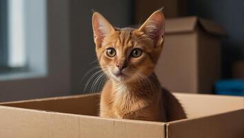 carino gatto, scatola nel il appartamento foto