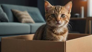 carino gatto, scatola nel il appartamento foto