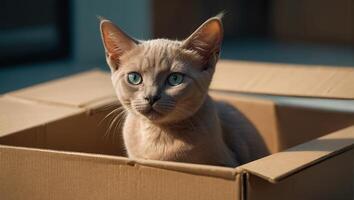 carino gatto, scatola nel il appartamento foto