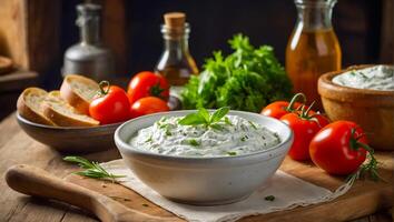 tzatziki salsa nel un' piatto foto