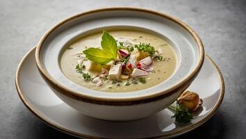 avgolemono la minestra nel un' piatto nel un' ristorante haute cucina foto