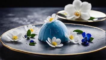 mochi blu ghiaccio crema con fiori nel bar foto