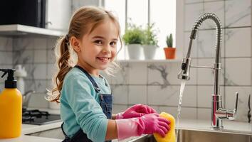 poco ragazza nel il cucina, pulizia concetto foto