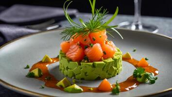 tartare con salmone e avocado nel un' ristorante Francia foto