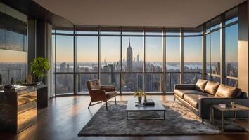 bellissimo moderno vivente camera con panoramico finestre prospiciente nuovo York foto