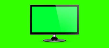 modello di schermo vuoto desktop o pc. vista aperta del computer, schermo verde vuoto su sfondo di colore verde brillante, banner, spazio di copia. illustrazione 3D.