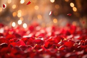 romantico sfondo per San Valentino giorno, nozze giorno. rosa petali su il pavimento, d'oro bokeh. foto