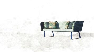 3d interpretazione pastello verde velluto divano con grigio e tropicale cuscini su schizzo foto