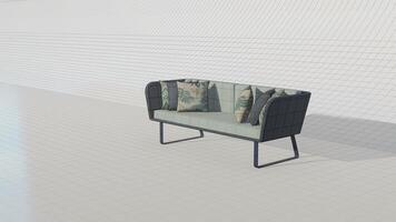 3d interpretazione 3d interpretazione pastello verde velluto divano con grigio e tropicale cuscini su planimetria foto