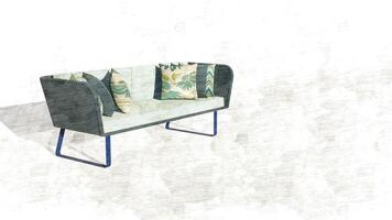 3d interpretazione pastello verde velluto divano con grigio e tropicale cuscini su schizzo foto