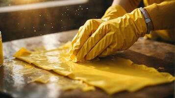 vicino su mano di donna indossare giallo guanto e utilizzando bagnato pulire di legno tavolo cucina foto