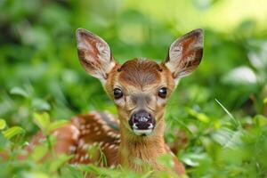 adorabile cerbiatto riposo nel verde prato foto