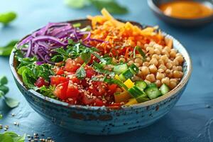 vegano Budda o colpire ciotola insalata con grano saraceno, verdure e semi su blu sfondo foto