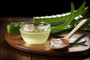 aloe gel su di legno cucchiaio con aloe affettato su di legno tavolo. foto