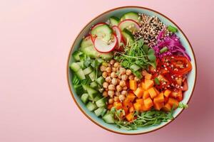 vegano Budda o colpire ciotola insalata con grano saraceno, verdure e semi su rosa sfondo foto