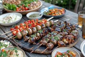 cena tavolo con grigliato agnello kebab, pollo spiedini con arrostito verdure e Antipasti varietà servendo su di legno all'aperto tavolo. foto