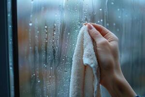 donna mano salviette via acqua condensazione a partire dal finestra bicchiere a casa. alto umidità, povero ventilazione nel piatto o Casa. foto