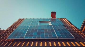 solare pannelli su un' Casa tetto contro blu cielo foto