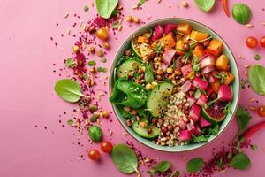 vegano Budda o colpire ciotola insalata con grano saraceno, verdure e semi su rosa sfondo foto