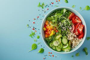 vegano Budda o colpire ciotola insalata con grano saraceno, verdure e semi su blu sfondo foto