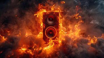 ardente Immagine di Altoparlanti Engulfed nel fiamme, raffigurante energia, potenza, e intenso suono Esperienza foto