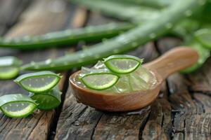 aloe gel su di legno cucchiaio con aloe affettato su di legno tavolo. foto