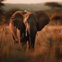 africano elefante e il ambientazione sole con il iconico savane nel il sfondo foto